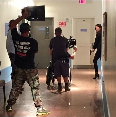 Ana Alexander shooting an action scene for a CBS series